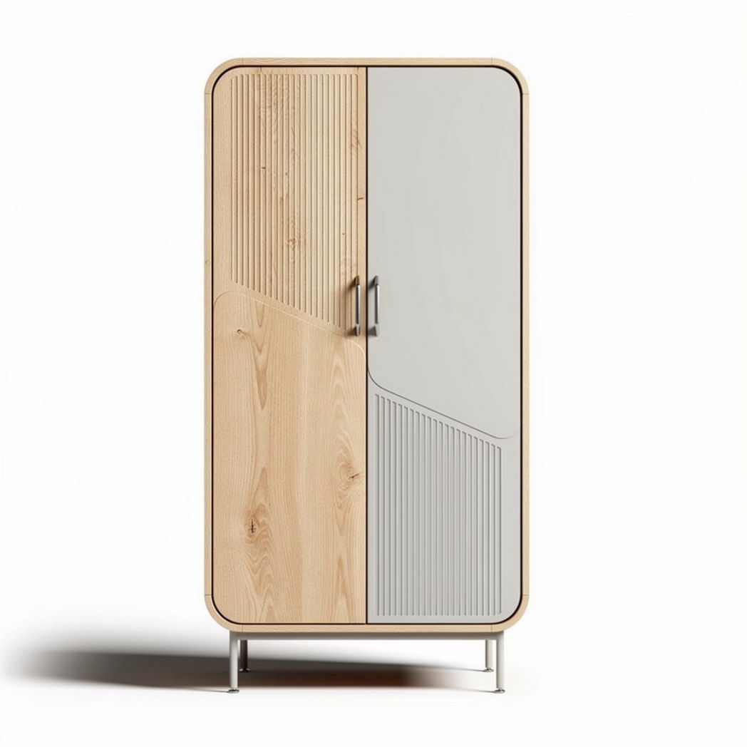 Wood and gray cabinet with textured doors for storage 80 x 40 x 160cm