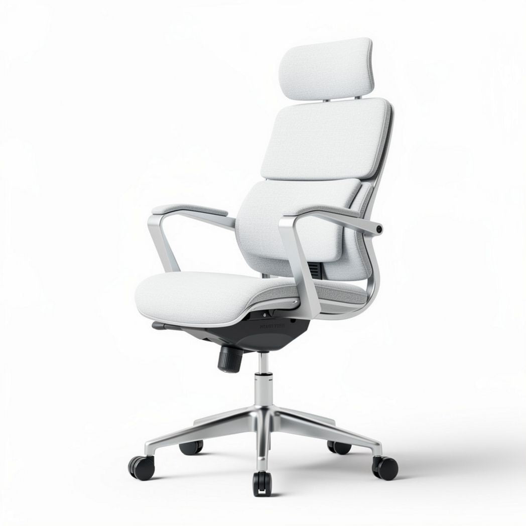 Ergonomic office chair with adjustable headrest and breathable fabric in white