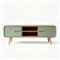 Modern green media console with wooden legs and open shelves 150 x 40 x 50cm