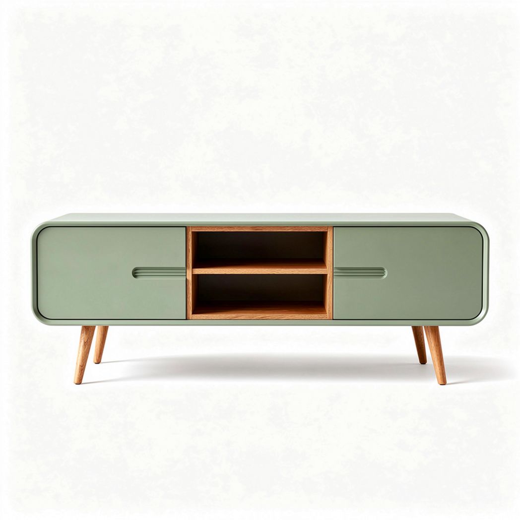 Modern green media console with wooden legs and open shelves 150 x 40 x 50cm