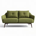 Green fabric upholstered loveseat with plush cushions and wooden legs 150 x 80 x 70cm