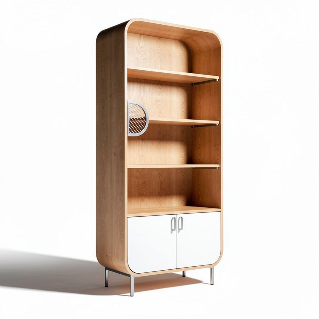 Wooden bookshelf with open shelves and closed storage in white and natural finish 90 x 40 x 200cm