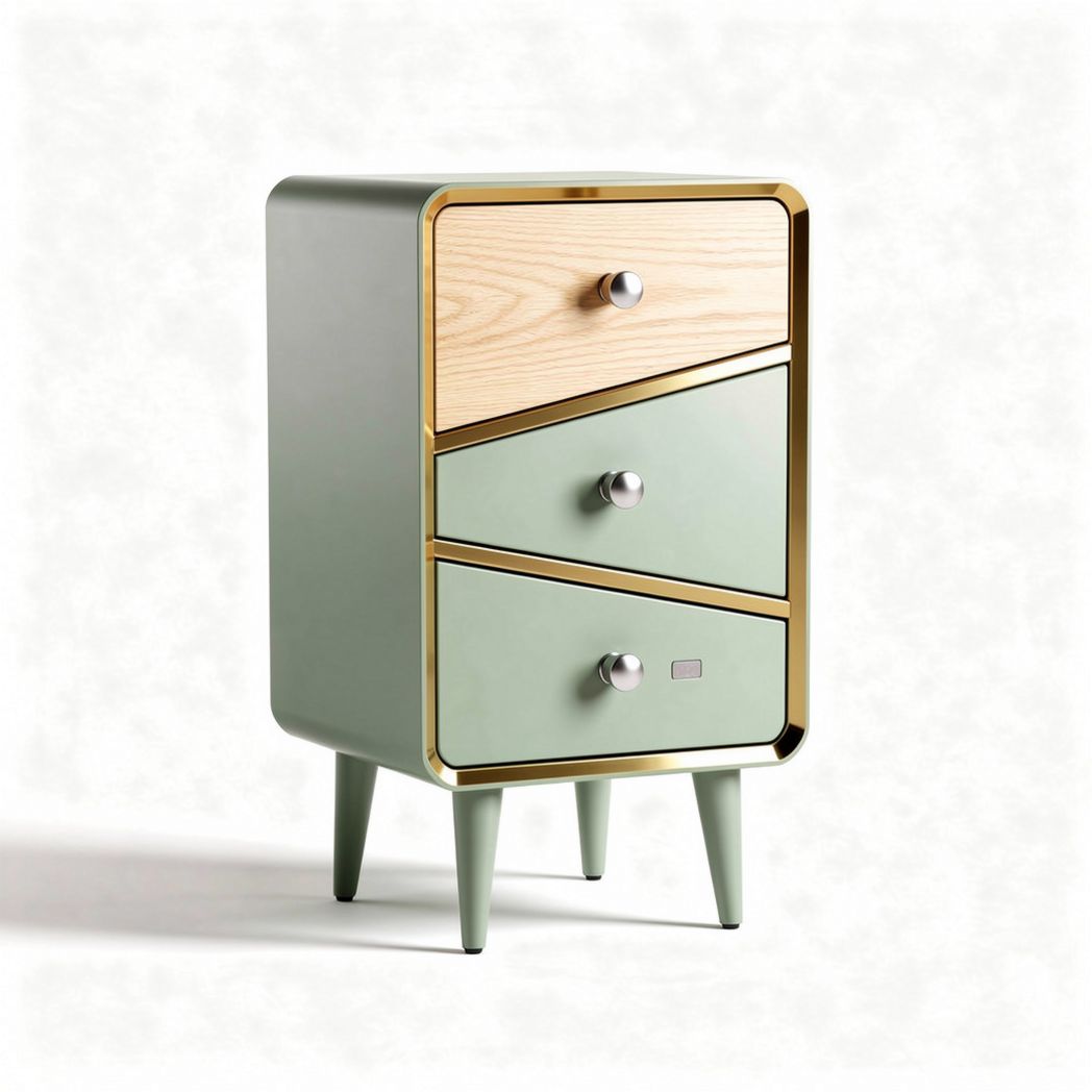 Green and gold accent nightstand with two drawers and wooden top 40 x 30 x 60cm