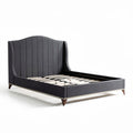 Upholstered gray fabric bed frame with wooden slats and modern design