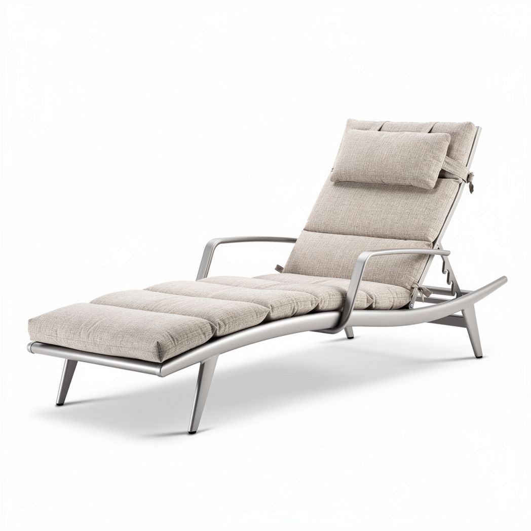 Outdoor adjustable reclining lounge chair with aluminum frame and beige fabric upholstery 200 x 70 x 80cm