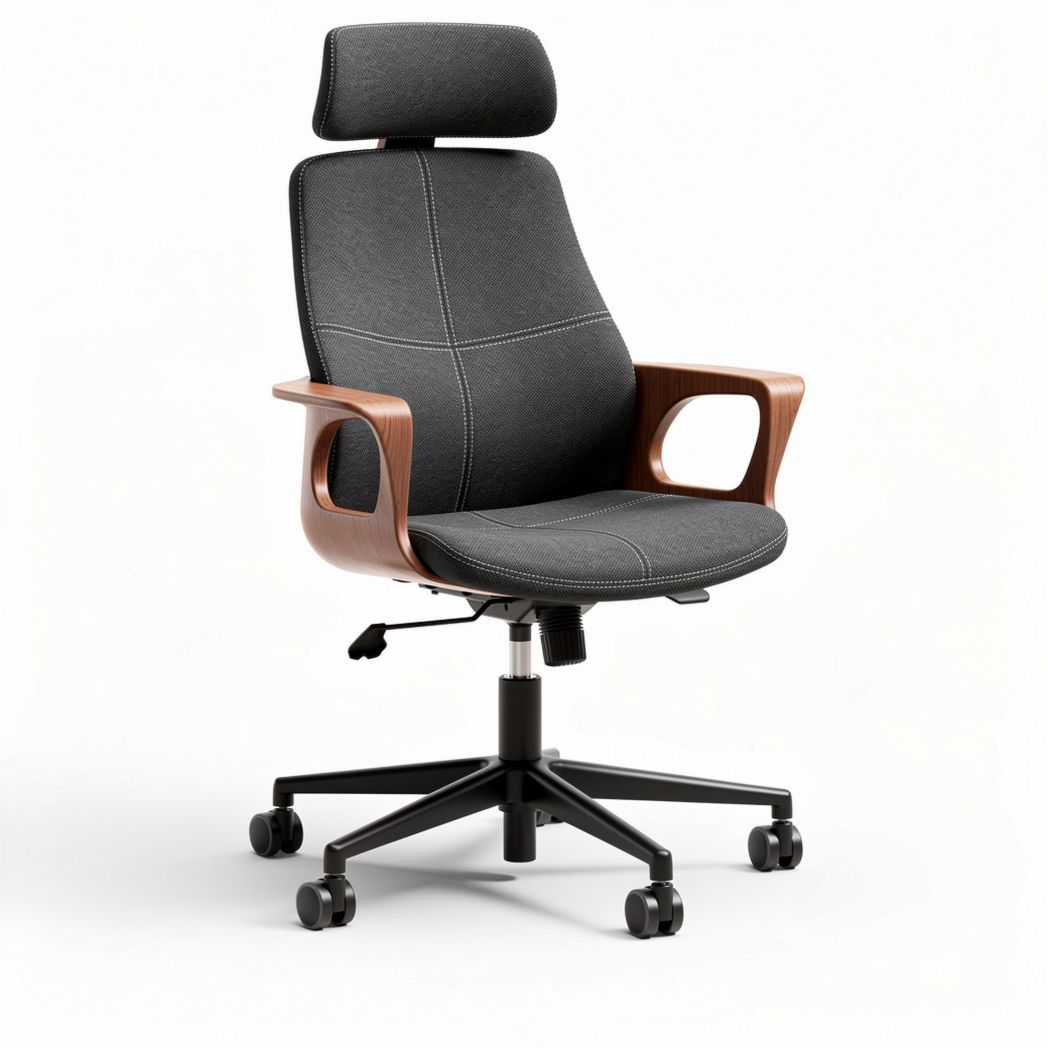Ergonomic office chair with adjustable height and wood accent in gray fabric